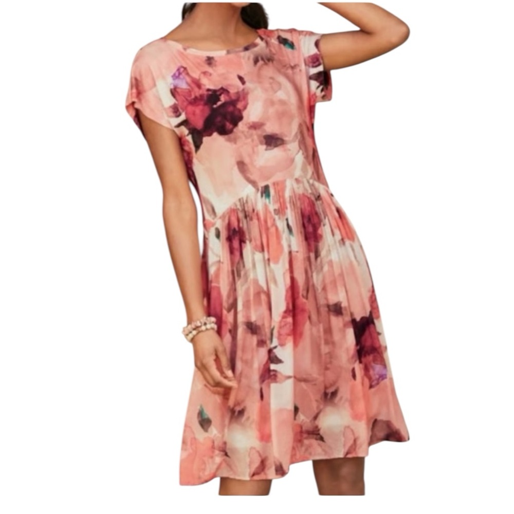 Peruvian Connection Desert Rose Watercolor Floral Viscose Short Sleeve Dress M